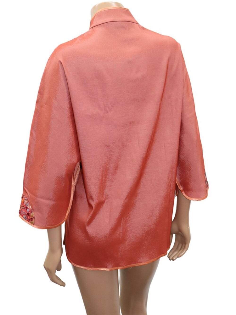 Salmon Pink Statement Silk Mandarin Collar Top Jacket Embroidered M-L - Picture 5 of 7
